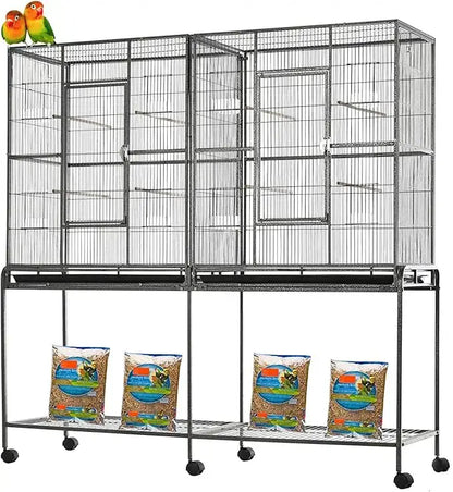 Decorbites™ black wrought iron double flight bird cage with breeding nest doors and wheels featuring colorful parrots