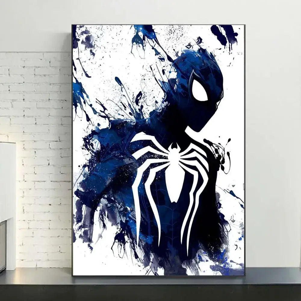 Decorbites spiderman watercolor canvas poster featuring a striking blue and black design with bold white webbing for home decor