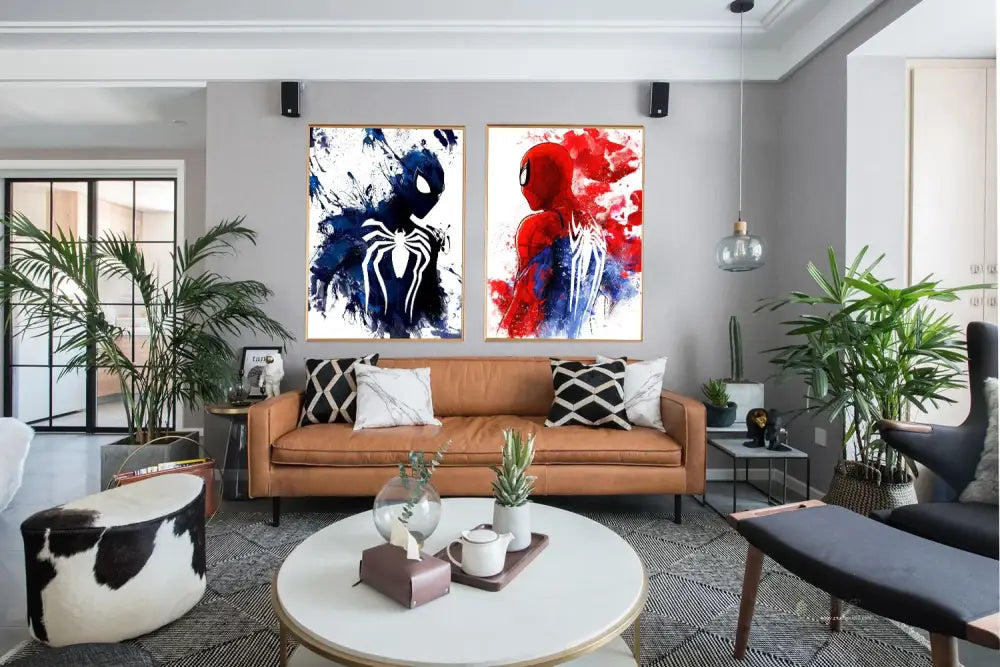 Brown leather sofa with black and white pillows shown next to DecorBites spiderman watercolor canvas poster for home decor
