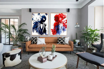 Brown leather sofa with black and white pillows shown next to DecorBites spiderman watercolor canvas poster for home decor