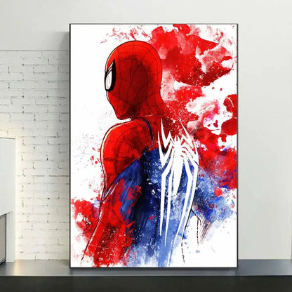 Decorbites™ spiderman watercolor canvas poster featuring red and blue dynamic splatter design for home decor