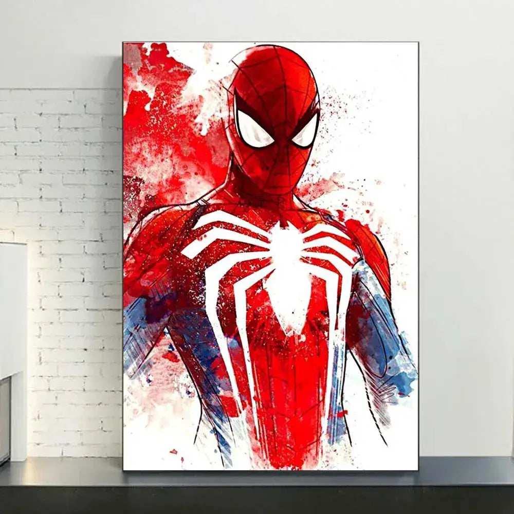Decorbites™ spiderman watercolor canvas poster featuring red and blue spiderman with dynamic splatter design for home decor
