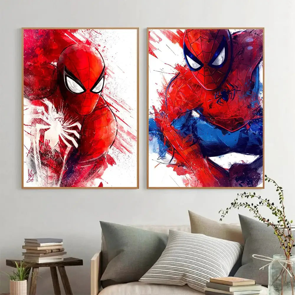 Two framed spiderman watercolor canvas posters featuring dynamic splash-paint style in bold red and blue colors for home decor