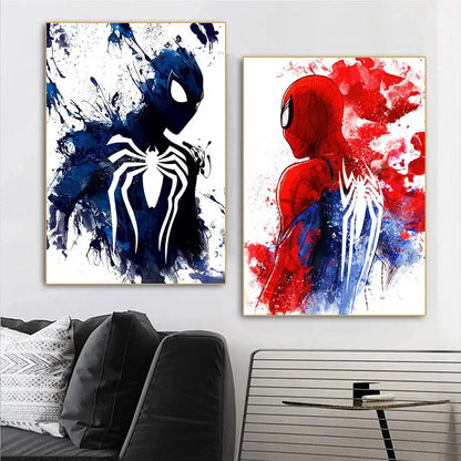 Two spiderman watercolor canvas prints featuring bold red blue and dark navy designs on splashy watercolor canvas posters