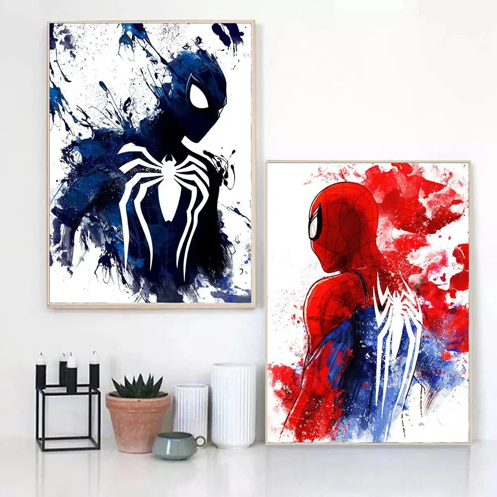 Two framed decorbites™ spiderman watercolor canvas posters featuring bold blue white and vibrant red blue paint bursts