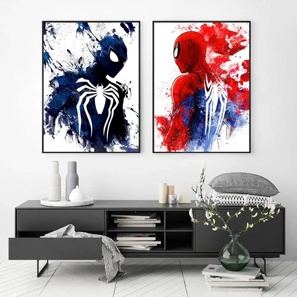 Two framed spiderman watercolor canvas posters with bold blue white and vibrant red blue abstract designs for home decor