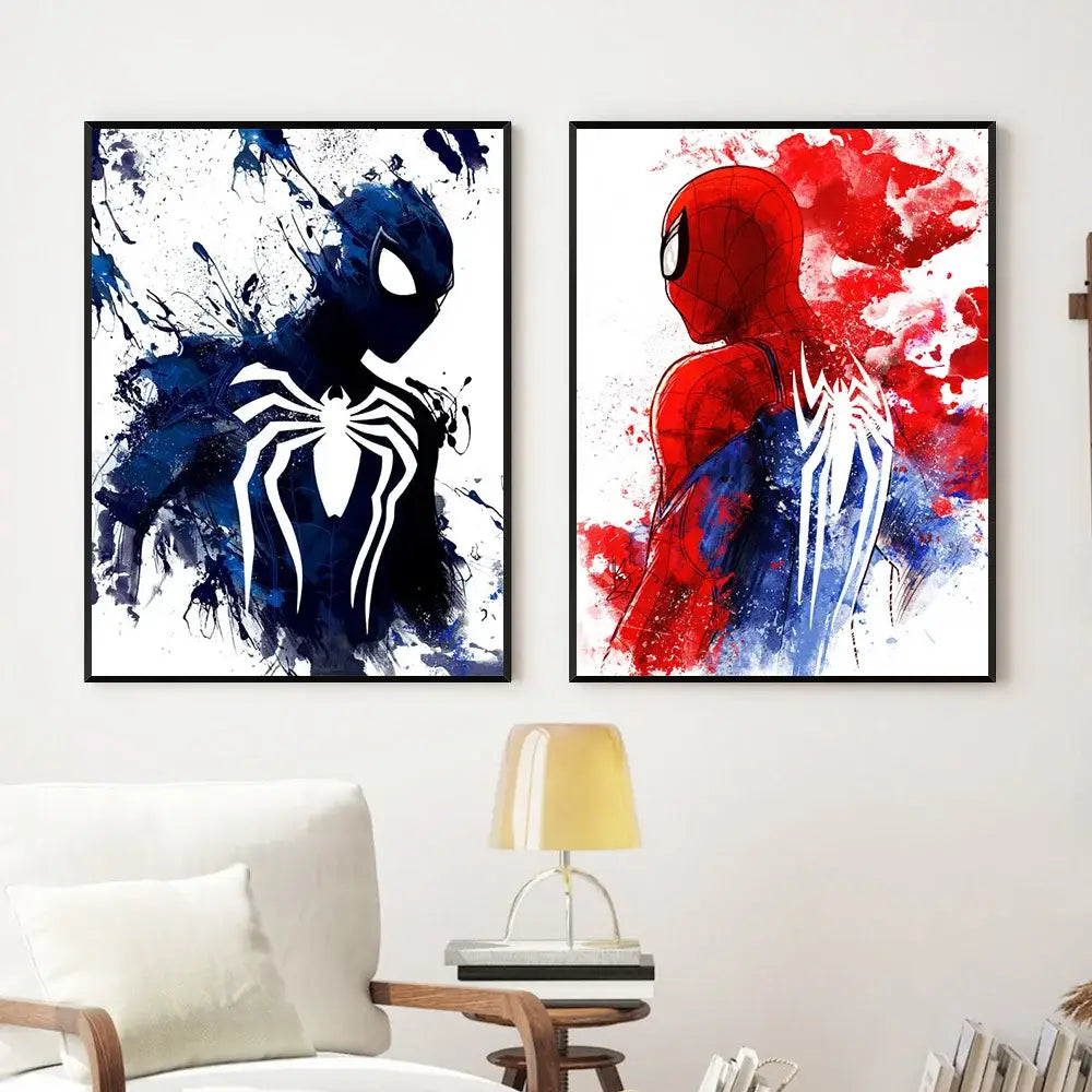 Two framed DecorBites spiderman watercolor canvas posters featuring bold red blue and black silhouette designs
