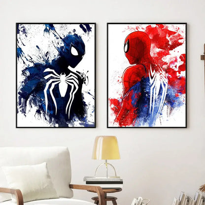 Two framed DecorBites spiderman watercolor canvas posters featuring bold red blue and black silhouette designs