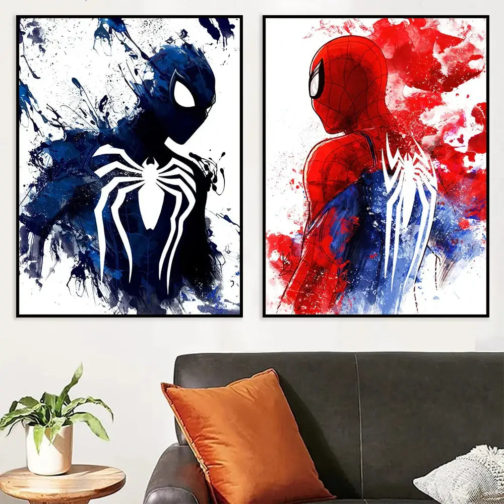 Two framed spiderman watercolor canvas posters featuring black and white splatter and red suit watercolor bursts for home decor