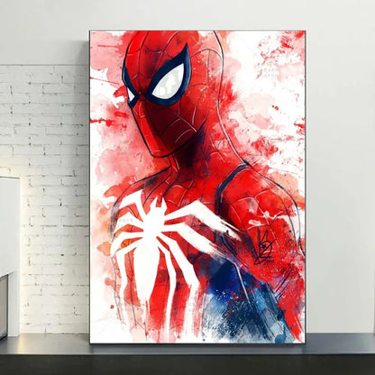 DecorBites™ spiderman watercolor canvas poster with vibrant red and blue colors and bold white spider emblem on white background