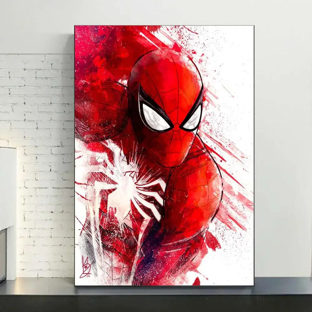 DecorBites™ spiderman watercolor canvas poster featuring vibrant red and white spider-man with dynamic splatter effects