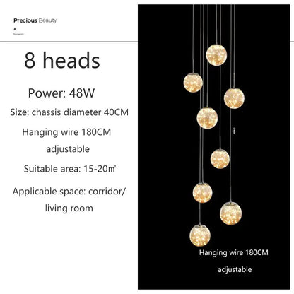 Elegant DecorBites™ spiral crystal ball chandelier light with eight warm glowing spherical bulbs suspended by wires