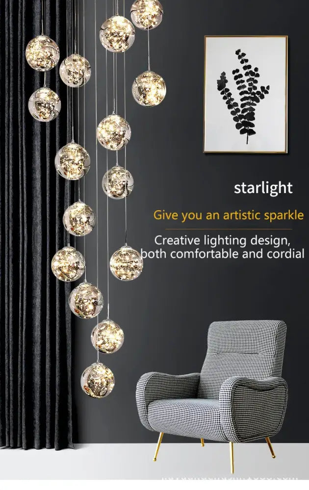 Decorbites™ spiral crystal ball chandelier light featuring cascading spherical glass orbs with a warm glow