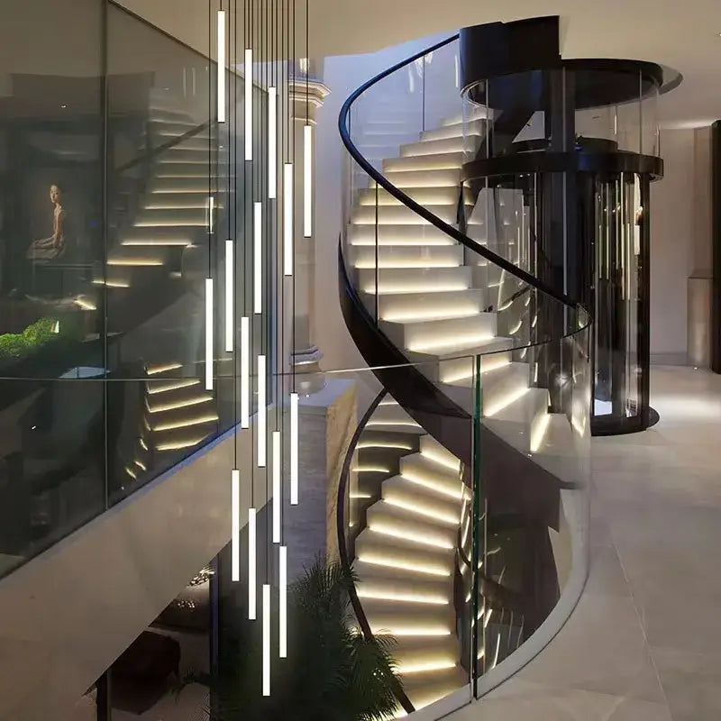Modern spiral led ceiling chandelier with sleek black metal frame and glass railings for elegant home decor