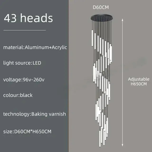 Black modern ceiling chandelier led with 43 light heads made of aluminum and acrylic for contemporary home use