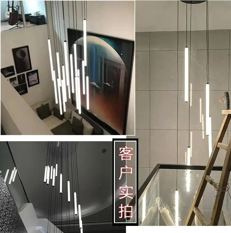DecorBites™ spiral led ceiling chandelier with modern white acrylic cylindrical tubes suspended by black cords