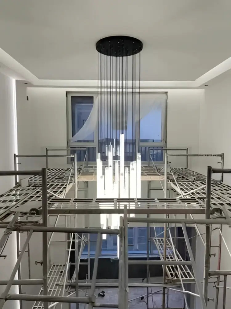 Decorbites™ spiral led chandelier featuring black circular frame with hanging vertical rods and central light elements for modern homes