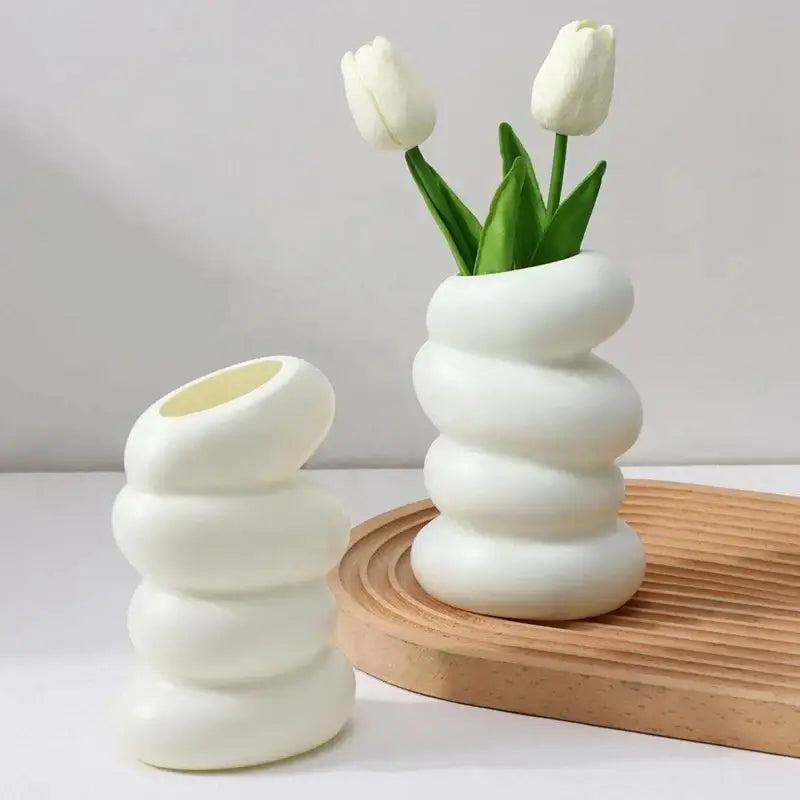 DecorBites™ spiral white vase with stacked rounded ceramic segments and modern sculptural design for home decor