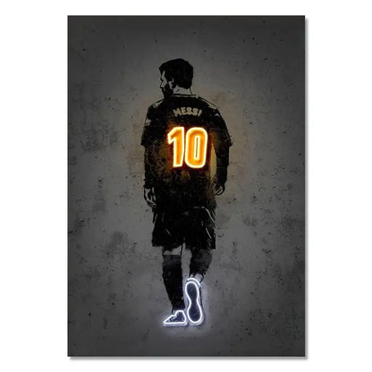 Neon style decorbites™ sports stars wall art canvas featuring a black jersey soccer player with glowing orange 10 and white shoes