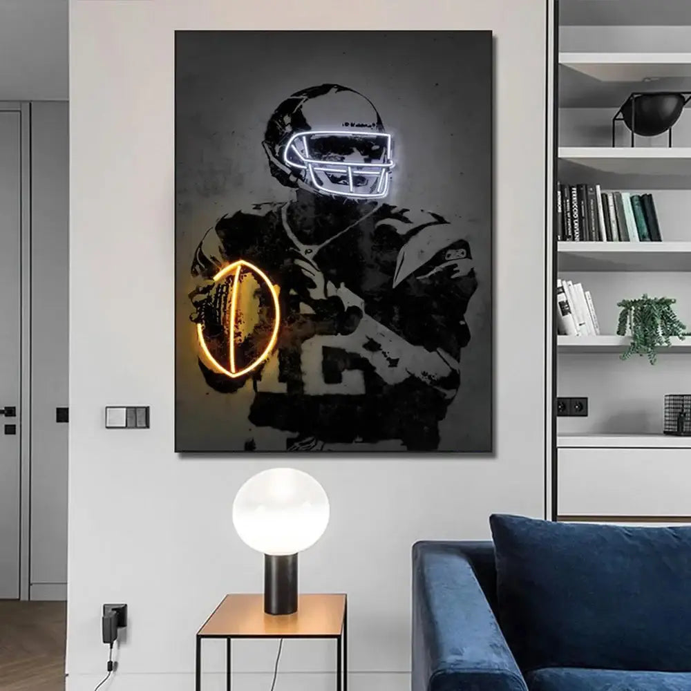 Neon-lit football player portrait canvas with glowing white helmet and golden neon ball sports stars neon wall art print
