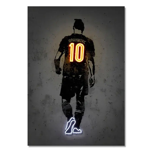 A stylized neon-lit soccer player wall art print featuring ibrahimovic number 10 in orange and blue sports stars neon design