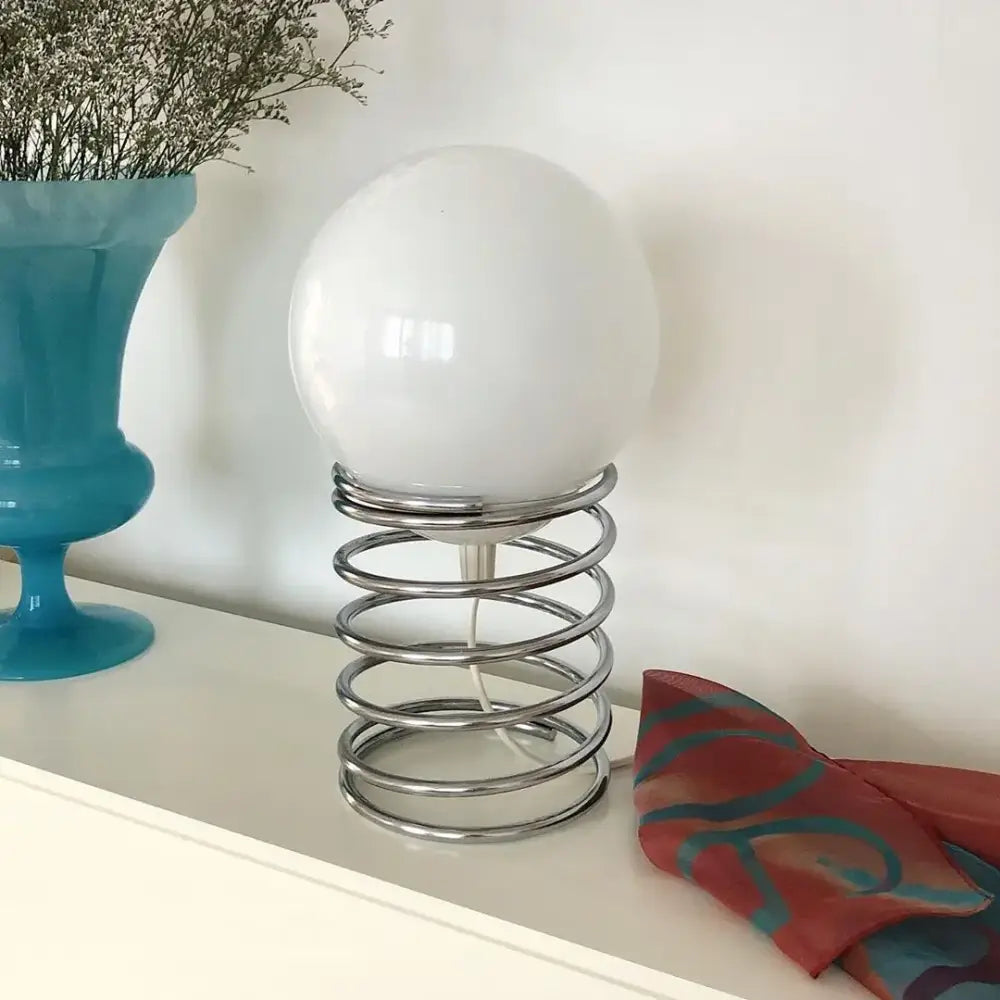 DecorBites™ spring glass table lamp with white spherical glass shade and chrome spring base for Bauhaus furniture