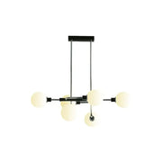 Modern black and chrome DecorBites™ sputnik hanging island light with frosted glass globes for dining room use