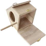 Light-colored wooden decorbites™ squirrel feeder bird house with circular entrance and brass-latched hinged lid nesting box