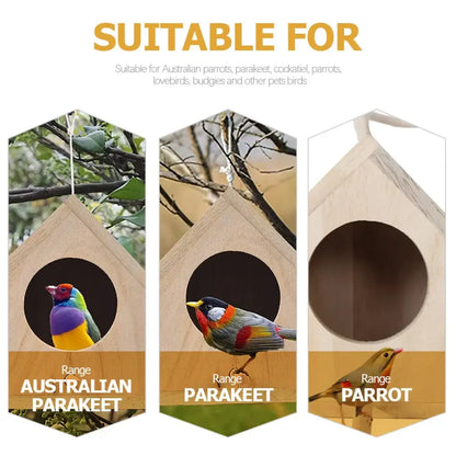 Light-colored wooden hexagonal bird house with circular entrance for feeder squirrel nesting from decorbites kit