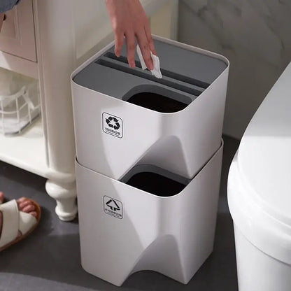 Decorbites stackable trash white and gray dual-compartment recycling bin with labeled compartments for recyclables and trash