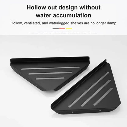 Black stainless steel corner shower shelf organizer with triangular ventilated design and three drainage slits