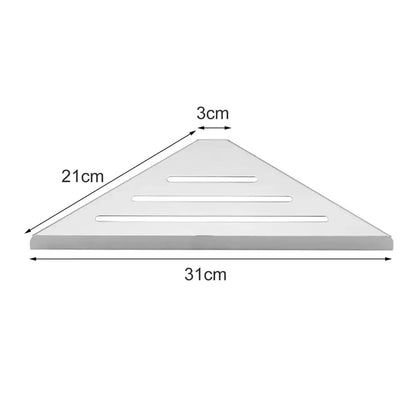 DecorBites™ stainless steel silver triangular corner shower shelf with three slots measuring 31cm by 21cm by 3cm