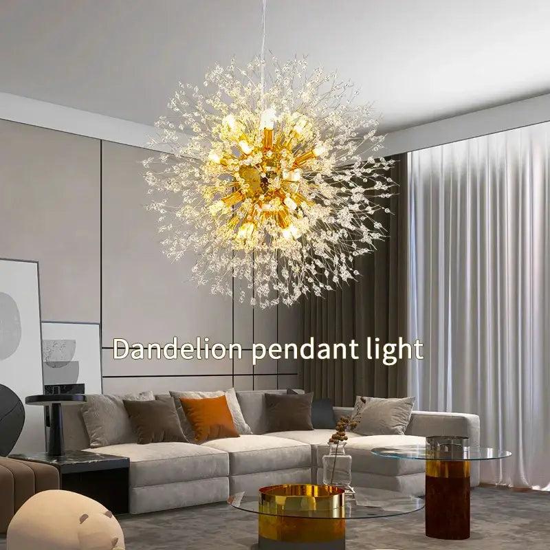 DecorBites starry sky crystal pendant light with golden dandelion design and warm glowing bulbs for elegant lighting