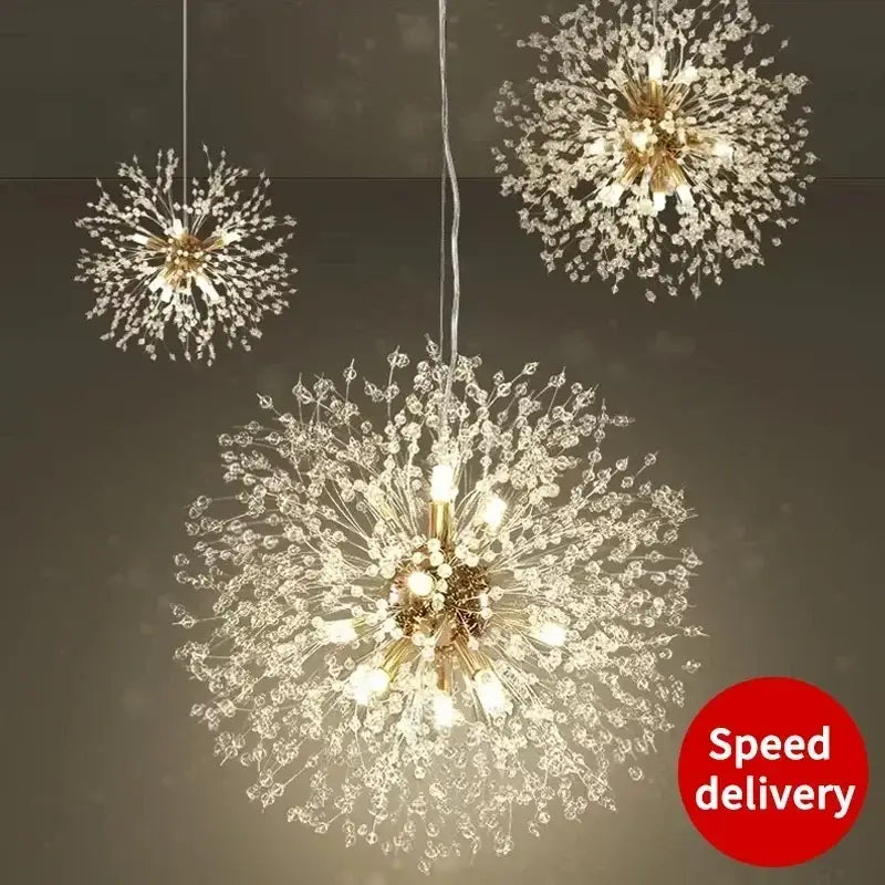 Three elegant gold starry sky crystal pendant light fixtures with delicate dandelion-shaped strands by decorbites