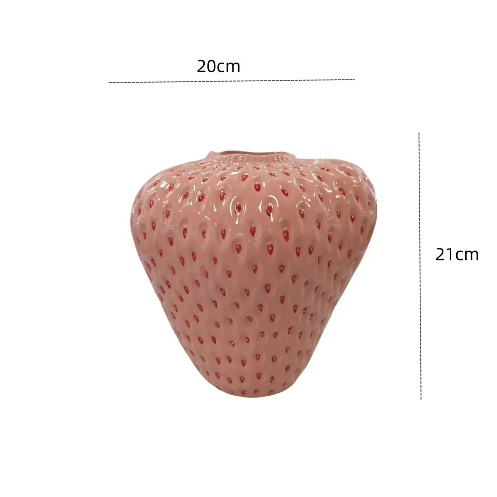 Glossy pink ceramic vase shaped like a strawberry with red seed dots in the DecorBites™ strawberry cartoon ceramic vase line