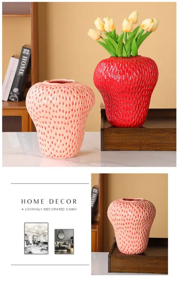 Decorbites™ strawberry cartoon ceramic vase in red with textured surface holding white tulips for kids room decor