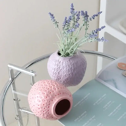 DecorBites lavender ceramic flower vase with textured dotted surface and purple lavender sprigs for home décor featuring cartoon strawberry design