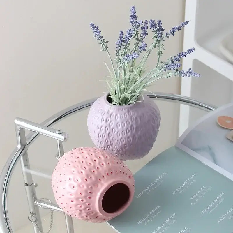 DecorBites lavender ceramic flower vase with textured dotted surface and purple lavender sprigs for home décor featuring cartoon strawberry design