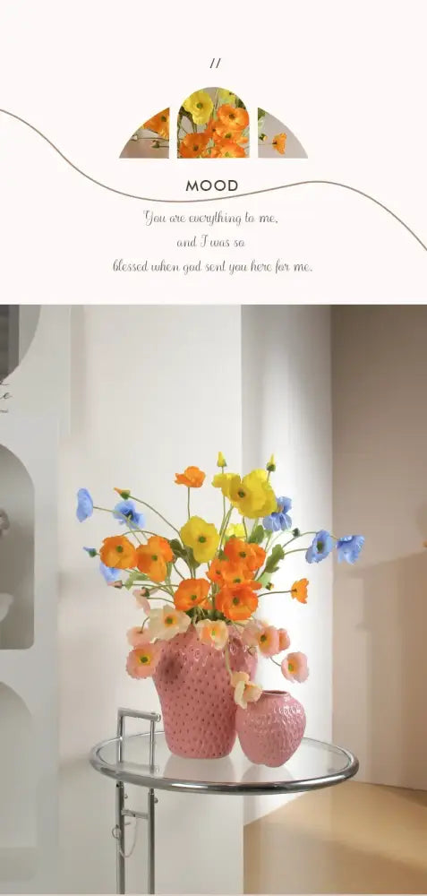 Decorbites™ strawberry cartoon flower vase pink textured ceramic flower vase with vibrant orange and blue bouquet