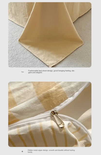 Beige satin bed sheet with subtle striped pattern and hidden metal zipper closure from decorbites™ striped quilt set