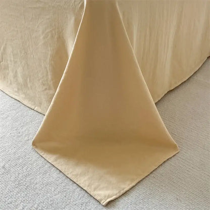 Beige satin bed skirt with smooth flowing drape and stitched hem in decorbites™ striped quilt set with pillowcases and sheet