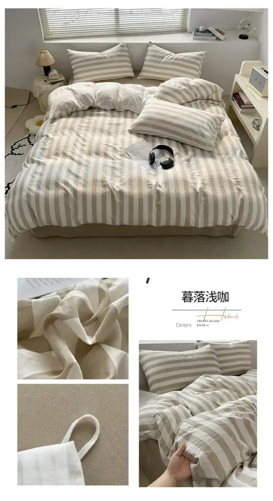 Beige and white striped quilt set by decorbites with pillowcases and bed sheet in soft textured fabric finish