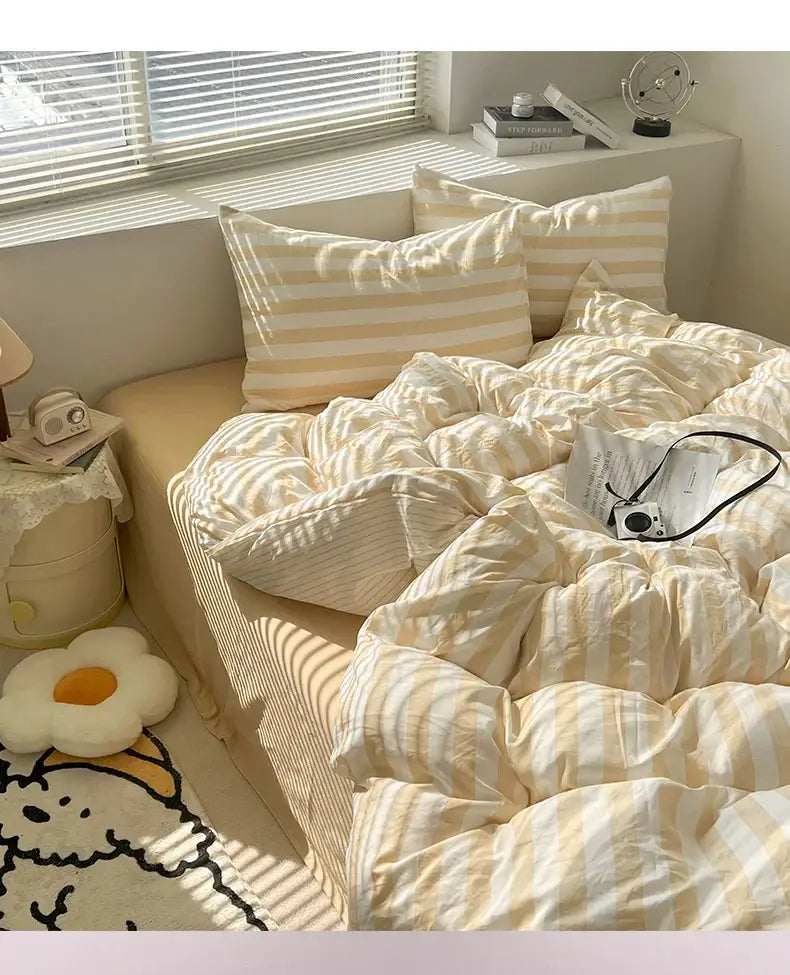 Cream and beige striped quilt set with soft quilted texture including bed sheet and pillowcases by decorbites