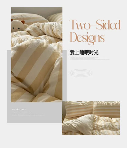 Cream and beige striped quilt set by DecorBites with pillowcases and soft cozy bed sheet texture