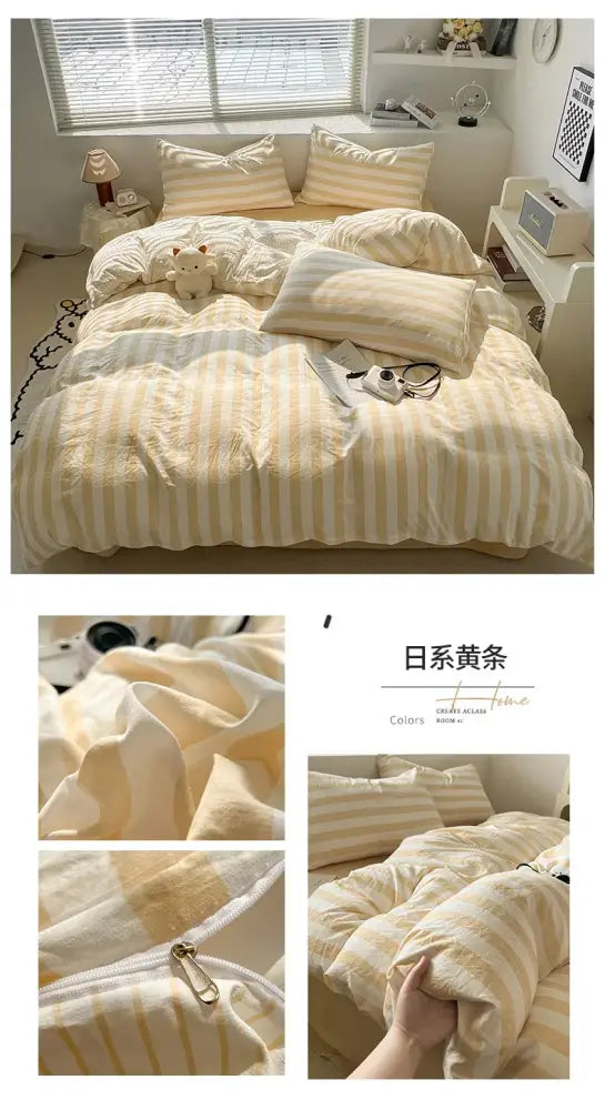 Cream and pale yellow striped quilt set with pillowcases and soft textured fabric bed sheet by decorbites