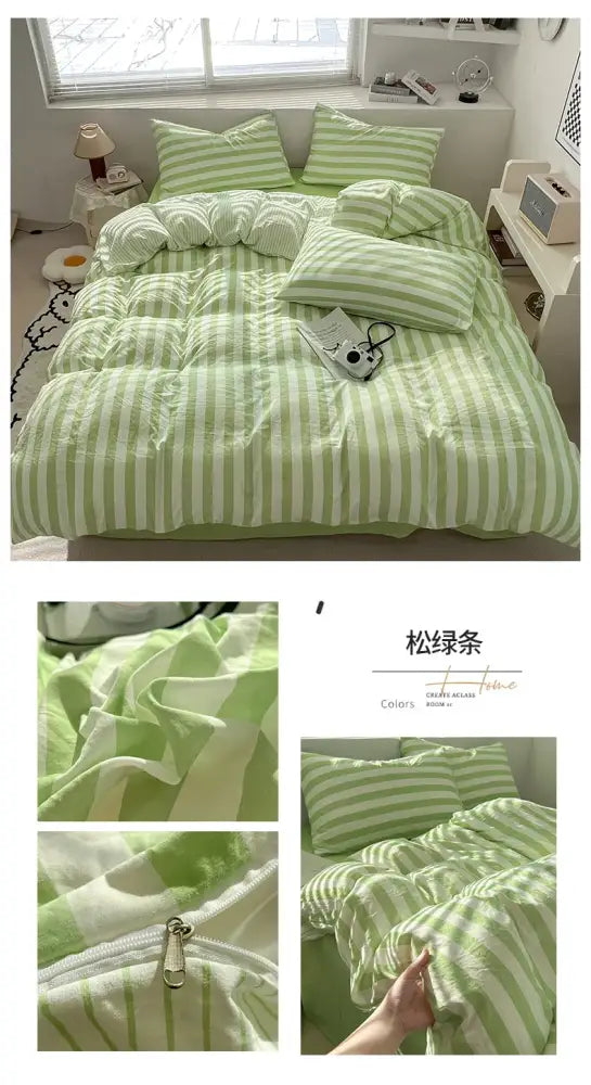 Light green and white striped quilt set by DecorBites with plush texture including pillowcases and bed sheet