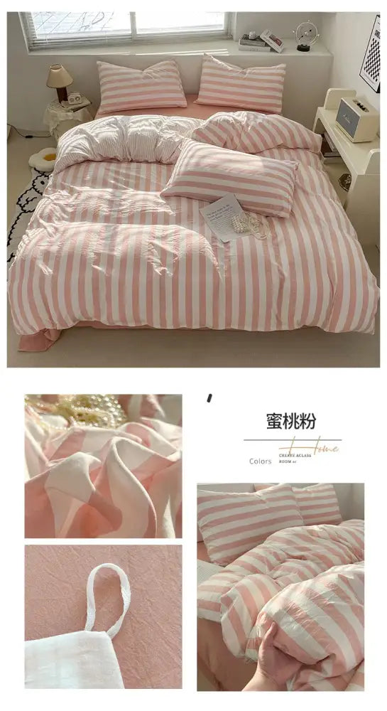 Decorbites striped quilt set with pink and white bed sheet featuring soft cotton-like texture and pillowcases