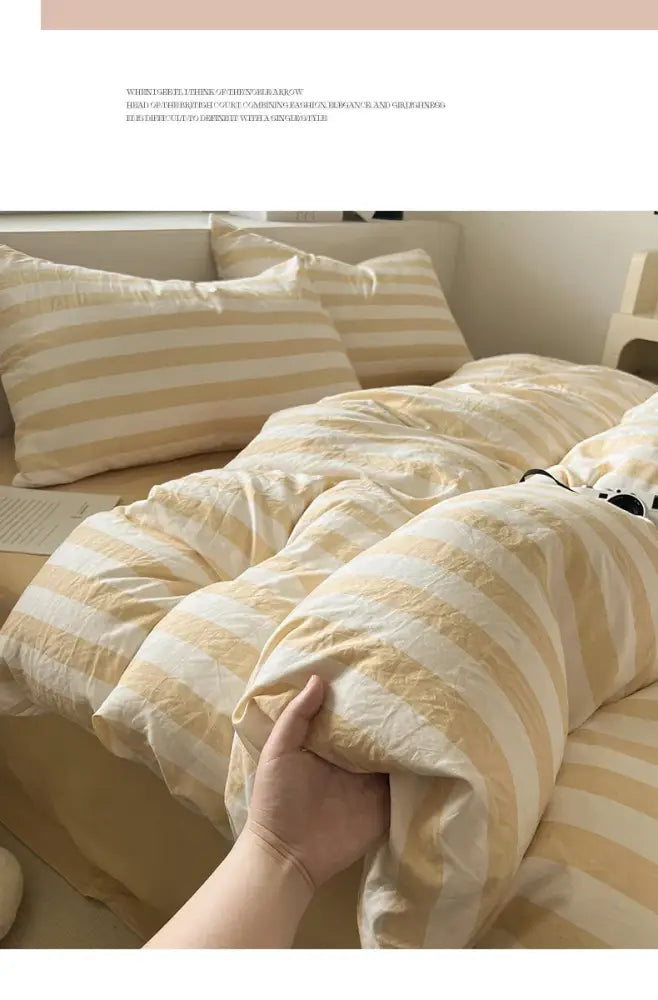Decorbites striped quilt set with pillowcases and bed sheet in soft cream and pale yellow striped cozy fabric