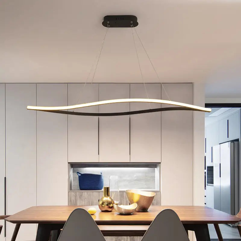 Modern minimalist decorbites™ aluminum leaf led island light with black metal frame and warm white led glow for dining room