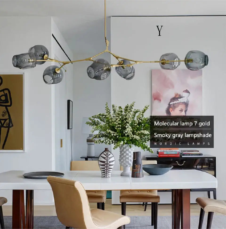Gold-toned molecular chandelier with smoky gray glass lampshades by DecorBites for modern chandelier lighting